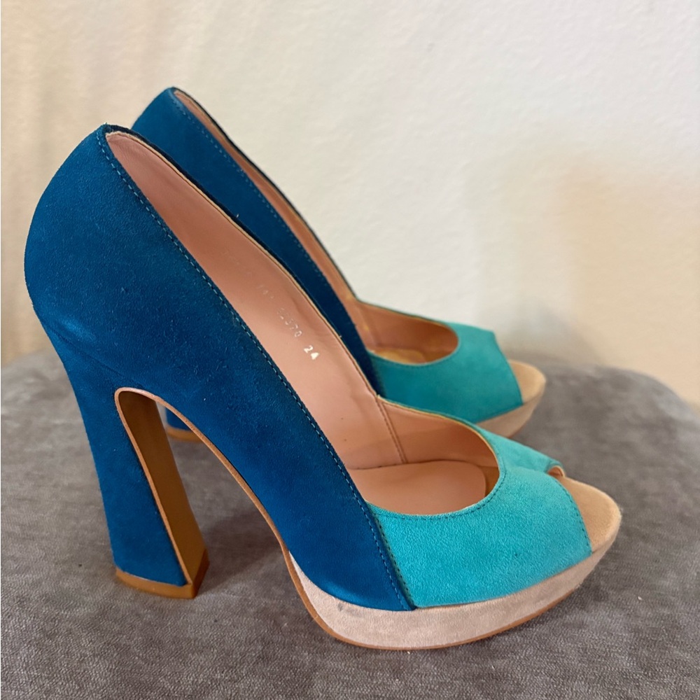 Elegant Blue and Teal Peep Toe Heels